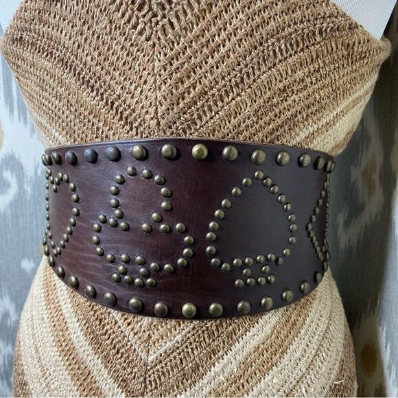 Ralph Lauren Double RL Accessories - RRL * Distressed Brown Vachetta Leather Playing Card Brass Stud Kidney Belt